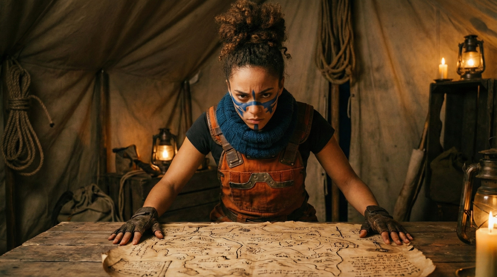 warrior woman inside army tent, powerful keywords midjourney meta AI